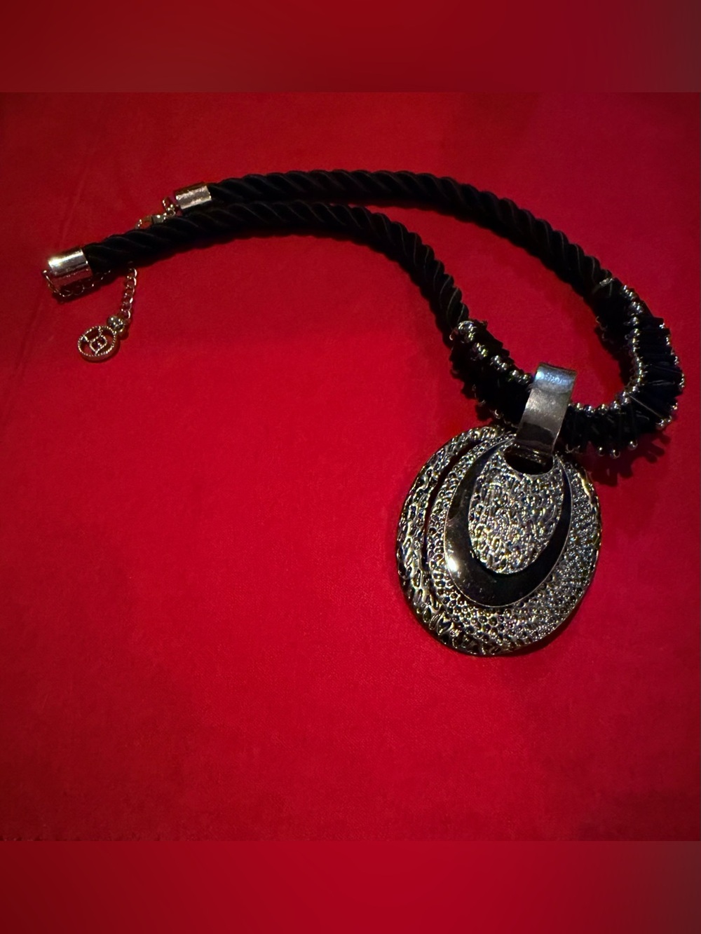 Black Rope Necklace with Textured Silver-Tone Oval Pendant